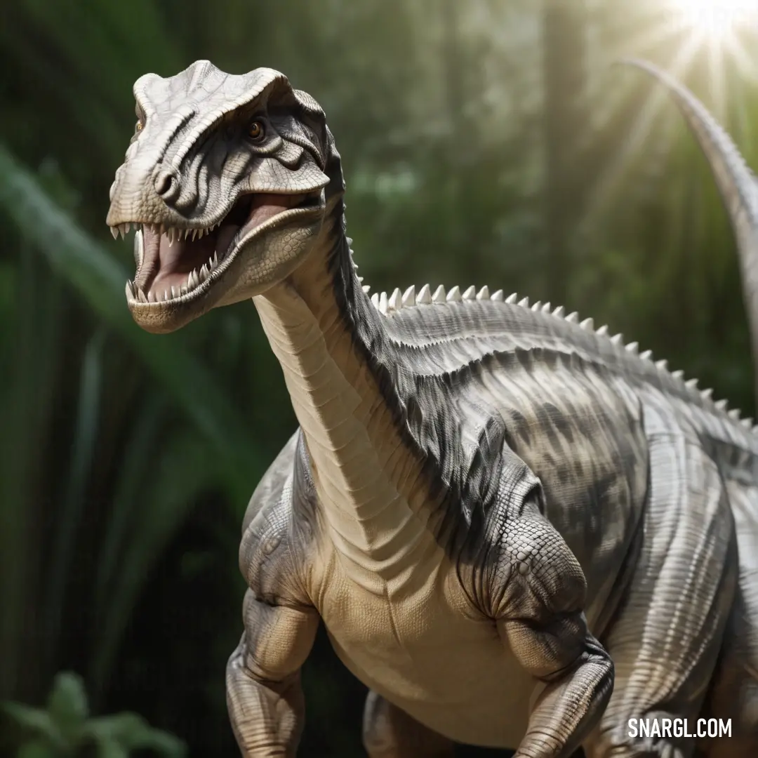 Toy Bavarisaurus with its mouth open and its mouth wide open, standing in front of a jungle background