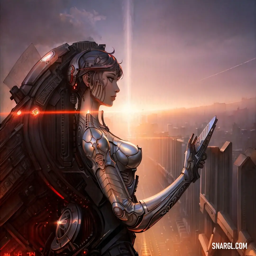 Futuristic woman holding a cell phone in her hand and looking at the sky in the background with a city in the distance