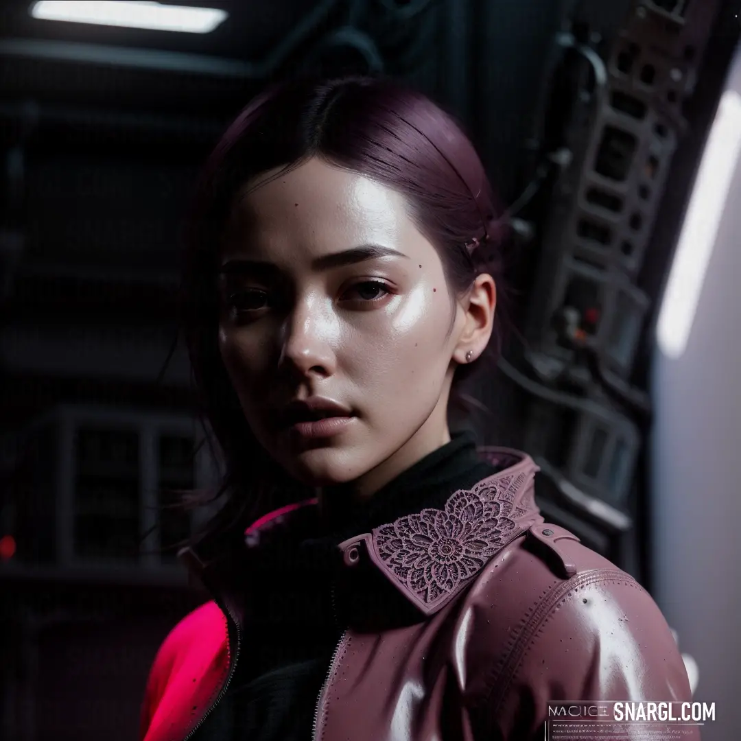 Woman with purple hair and a leather jacket on a spaceship ship looking at the camera