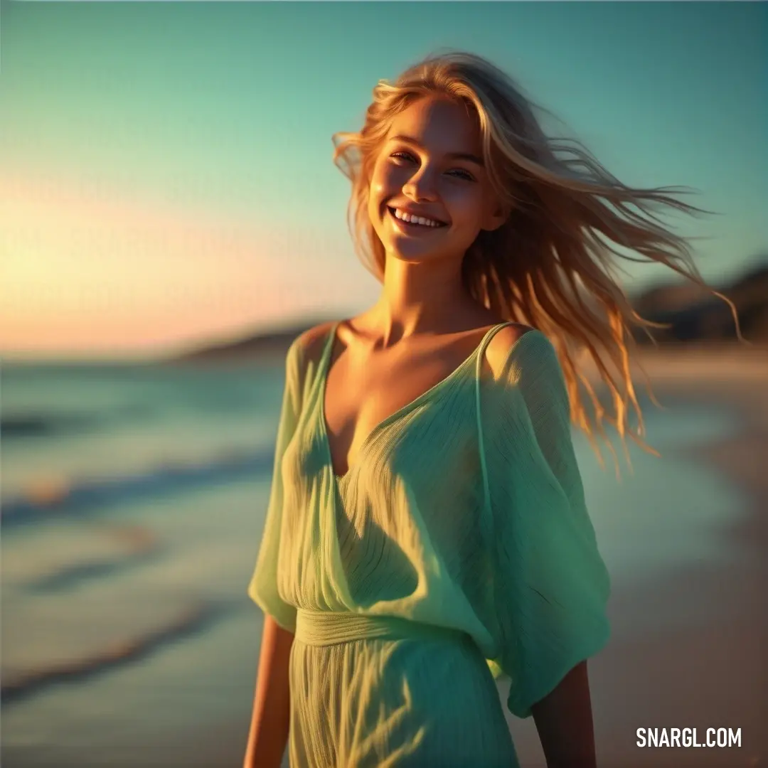 Woman in a green dress is standing on the beach and smiling at the camera with her hair in the wind
