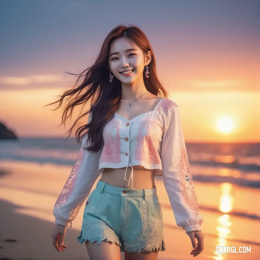 Woman walking on a beach at sunset with her hair in the wind and a smile on her face