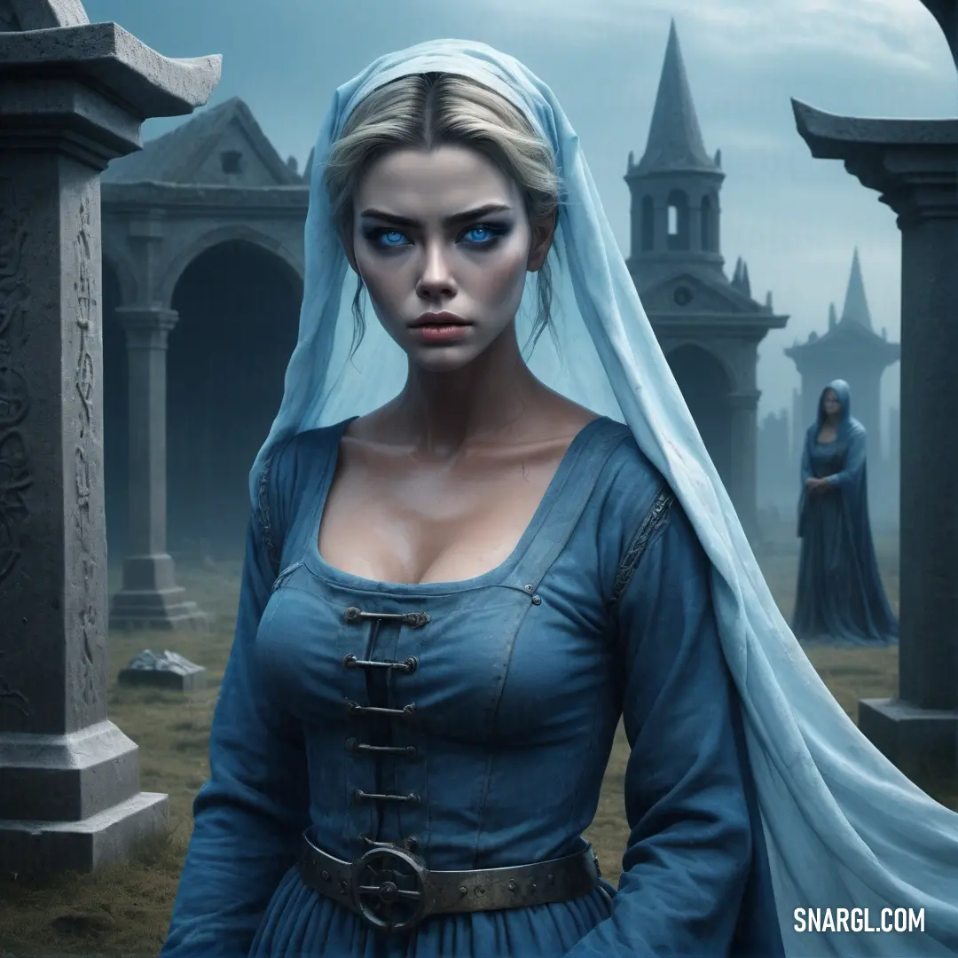 Bean-Nighe in a blue dress standing in a graveyard with a ghost behind her and a cemetery in the background