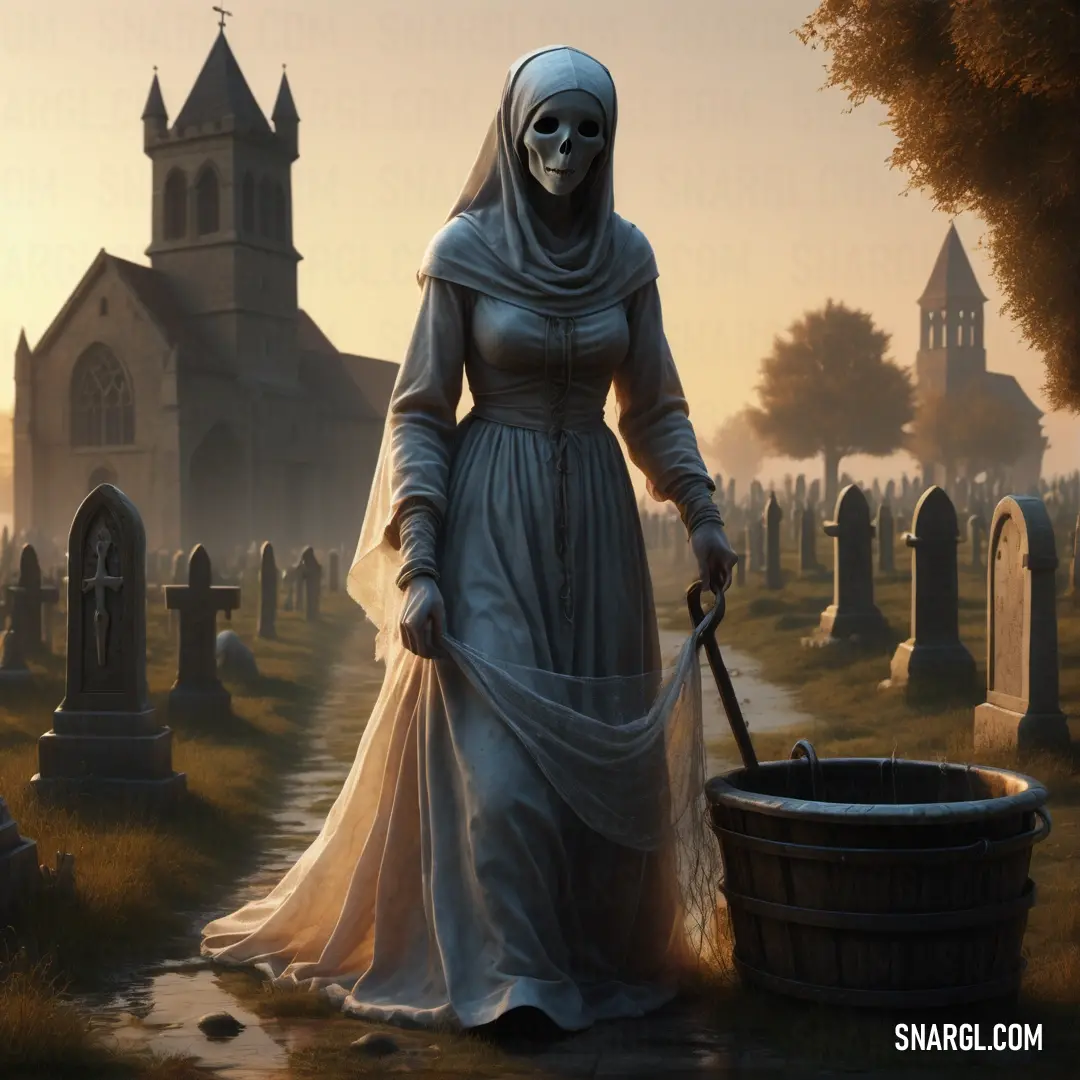 Bean-Nighe in a white dress holding a broom in a graveyard with a skeleton in the background and a graveyard with a graveyard full of graves