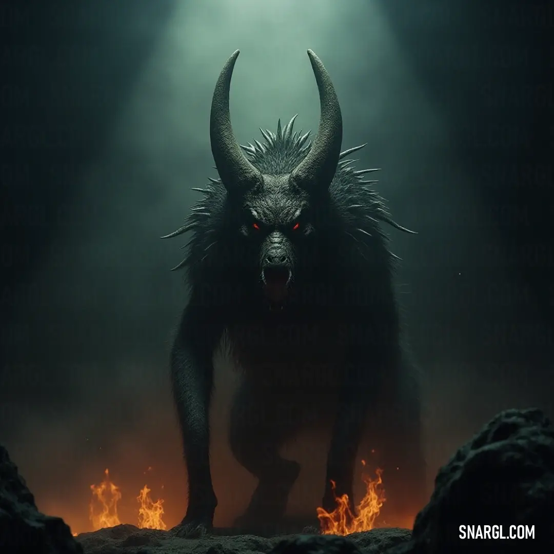 The Beast of Puerto Rico, with menacing horns and fiery light illuminating the darkness, stands proudly in the night. A fierce Beast of Puerto Rico, adorned with sharp horns, stands tall in the darkness. Fiery embers glow behind it, casting an intense and dramatic light on its powerful form.