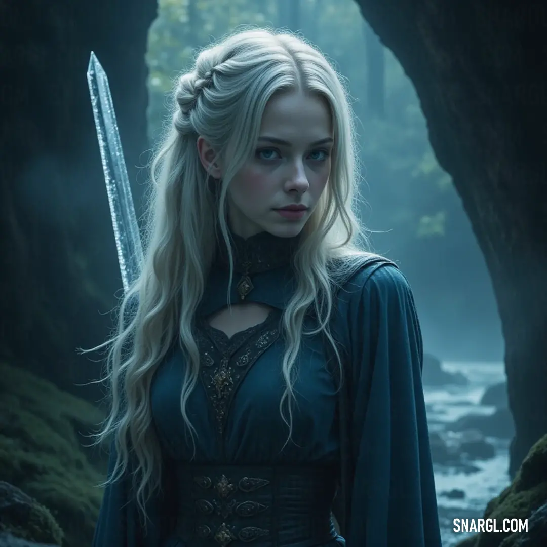 A commanding presence in a lush forest, this figure holds a sword poised against the backdrop of towering trees and rocky formations, embodying power and grace. In the heart of a vibrant forest, a figure in a striking green dress brandishes a sword confidently, harmonizing the powerful elements of nature with the strength of the human spirit.