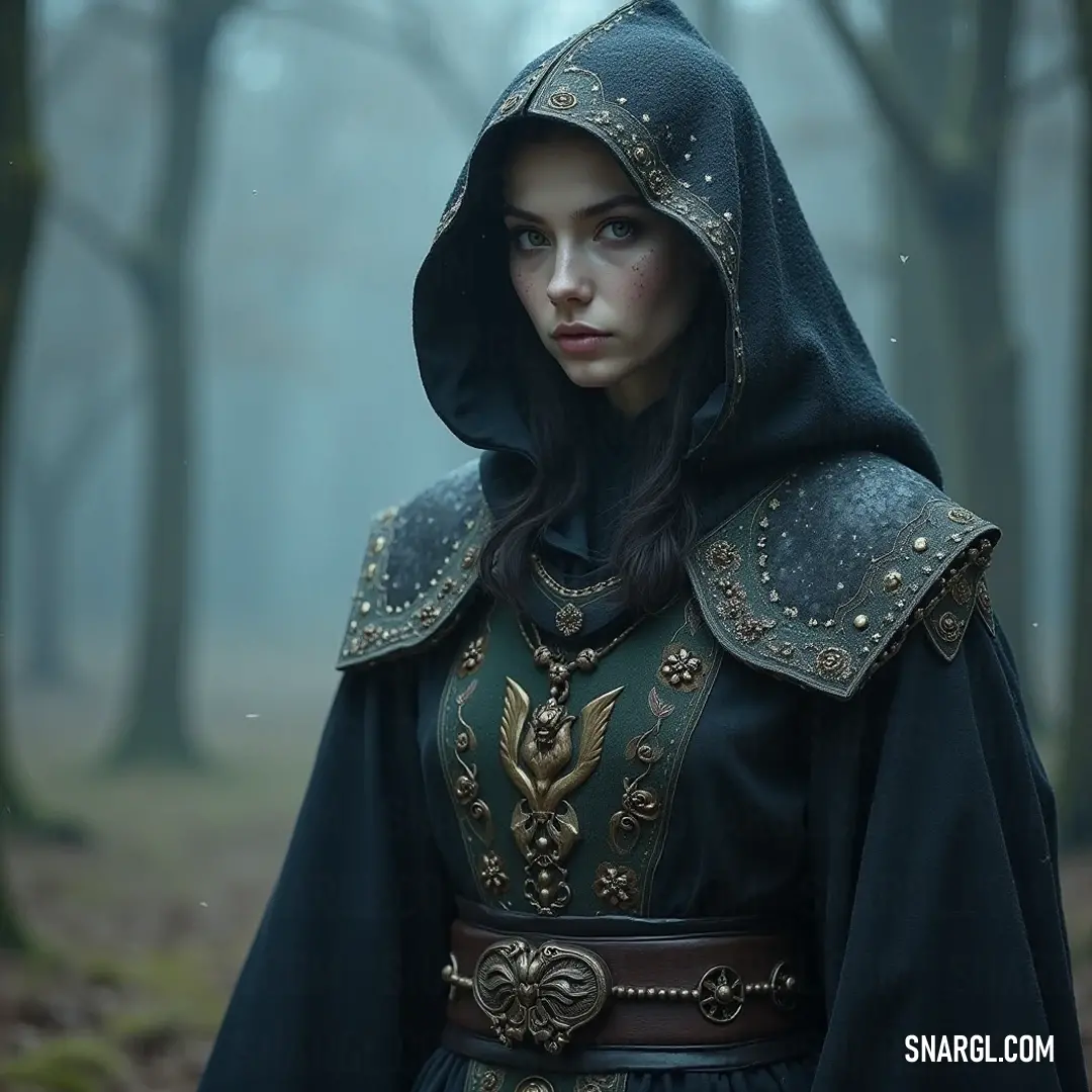 A thoughtful figure in a hooded costume stands in a lush forest, surrounded by the fascinating interplay of light and nature. In a verdant forest cloaked in shadows, a woman in a mysterious hooded costume gazes thoughtfully into the distance. The interplay of light and foliage brings a magical quality to the scene, where nature and wonder intertwine, igniting the imagination.