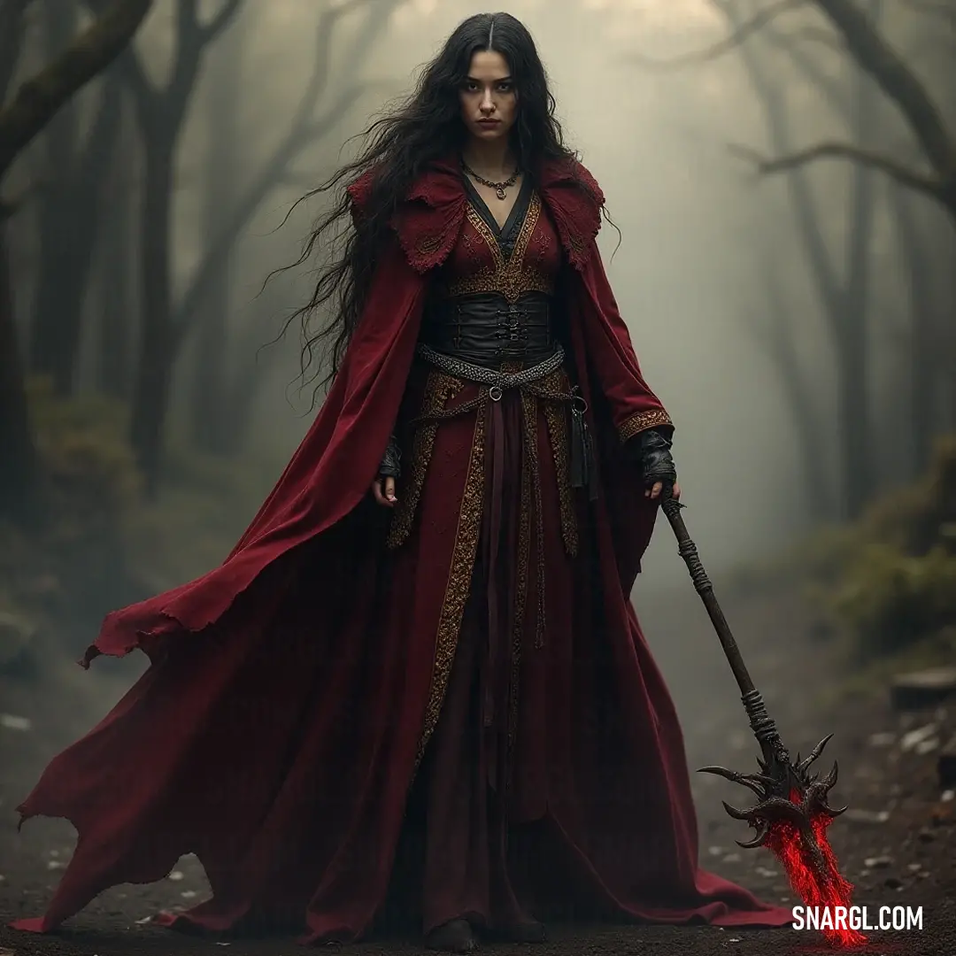 Draped in a vibrant red dress, a figure wields a flaming fire stick amidst a fog-laden forest, where the intense colors create a striking juxtaposition against the muted backdrop.