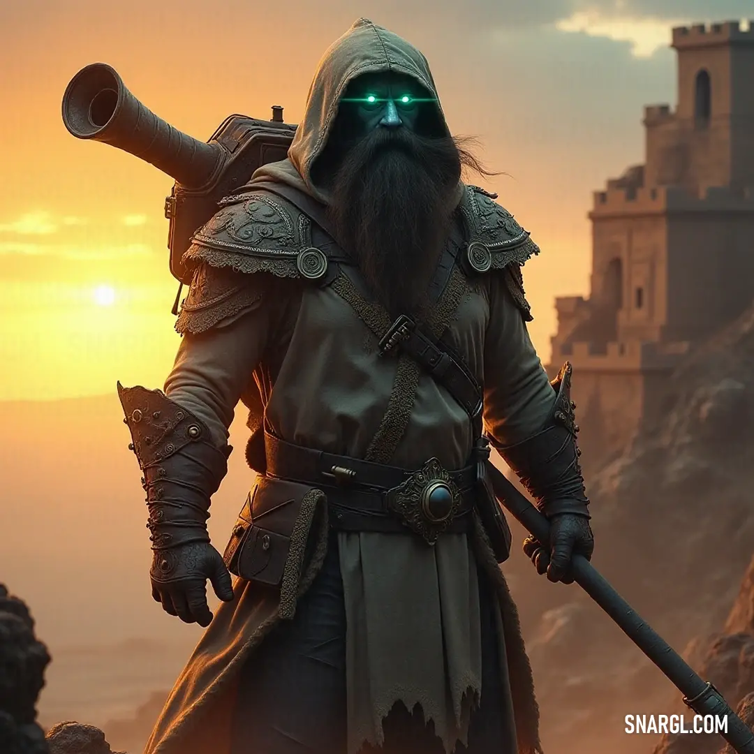 A brave figure with a sword in front of a majestic castle at sunset. A courageous character, adorned with a long beard and captivating green eyes, stands ready with a mighty sword, framed by a majestic castle bathed in the golden hues of a breathtaking sunset.