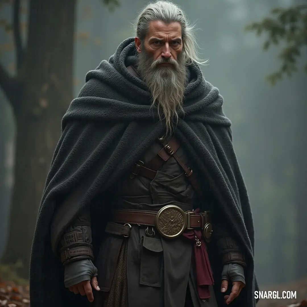 A wise figure enveloped by trees in a peaceful woodland. A solitary figure with a majestic long beard and a flowing cape stands amidst a lush, green forest, framed by towering trees, embodying the wisdom and serenity of the spirits of nature.