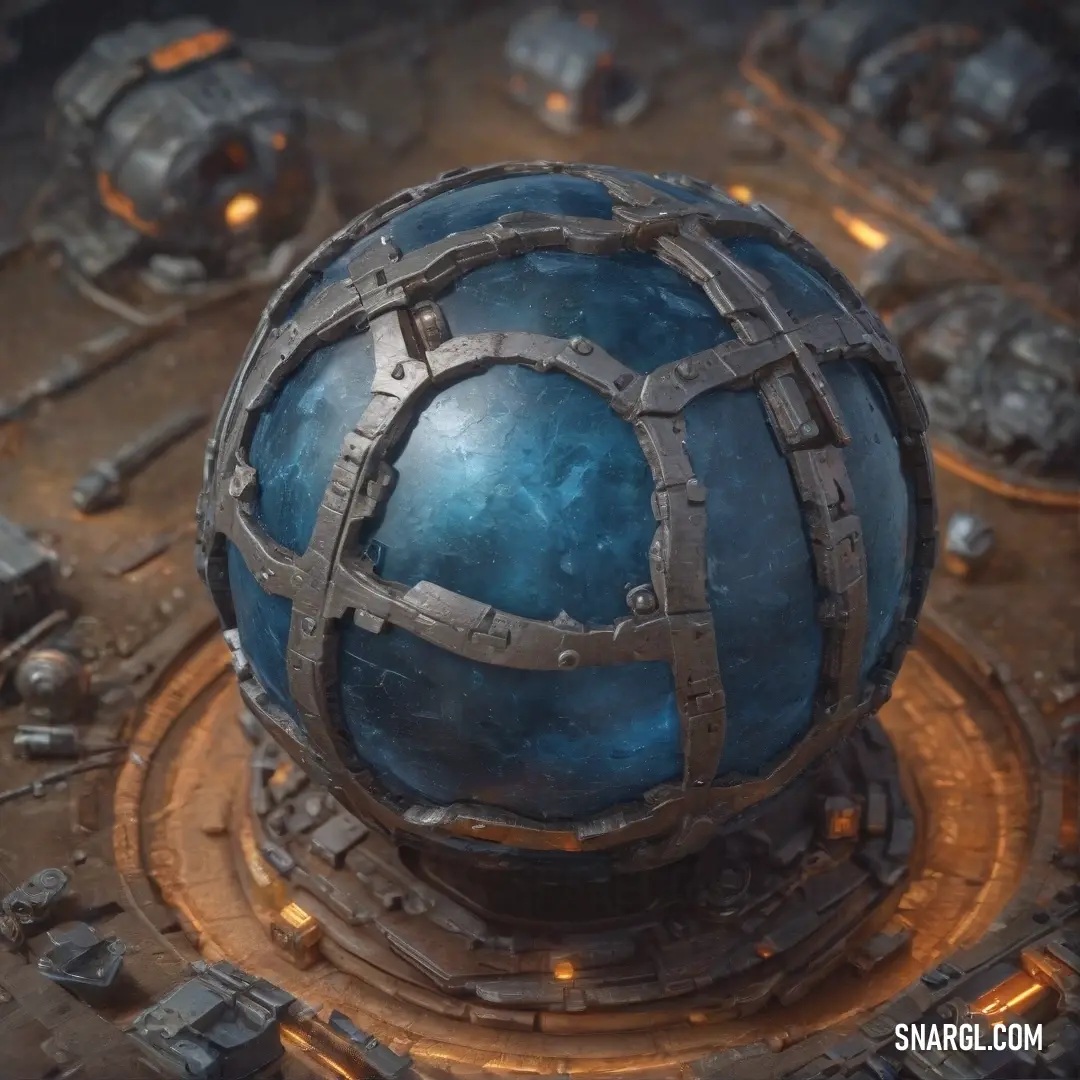 A gleaming blue and silver orb sits on a cluttered table surrounded by a variety of objects. The orb is adorned with a metallic ring, capturing the light and reflecting off nearby items, creating a dynamic and visually interesting arrangement.