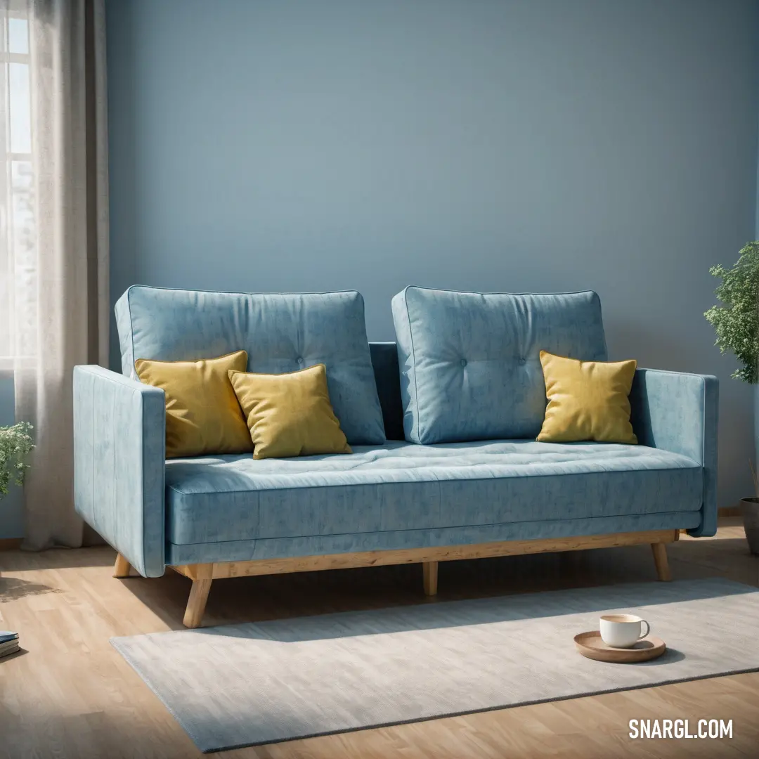 Blue couch with yellow pillows in a living room with a rug and a window with curtains and a coffee cup. Example of Beau blue color.