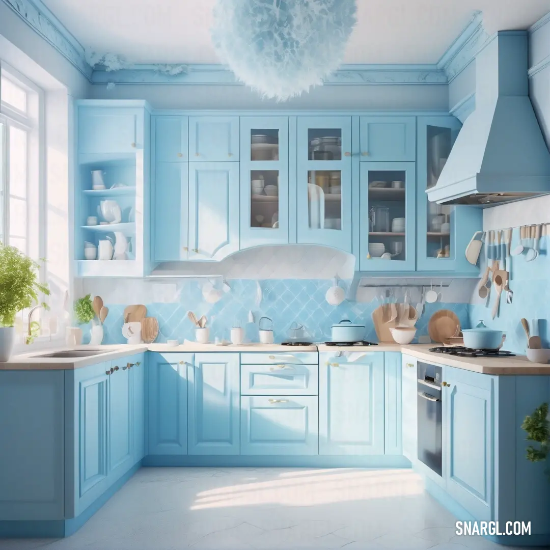 Kitchen with blue cabinets and a white counter top and a potted plant in the corner of the room. Example of CMYK 18,8,0,10 color.