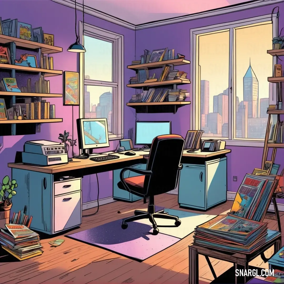 Beau blue color example: Room with a desk, computer and bookshelves in it and a window with a city view