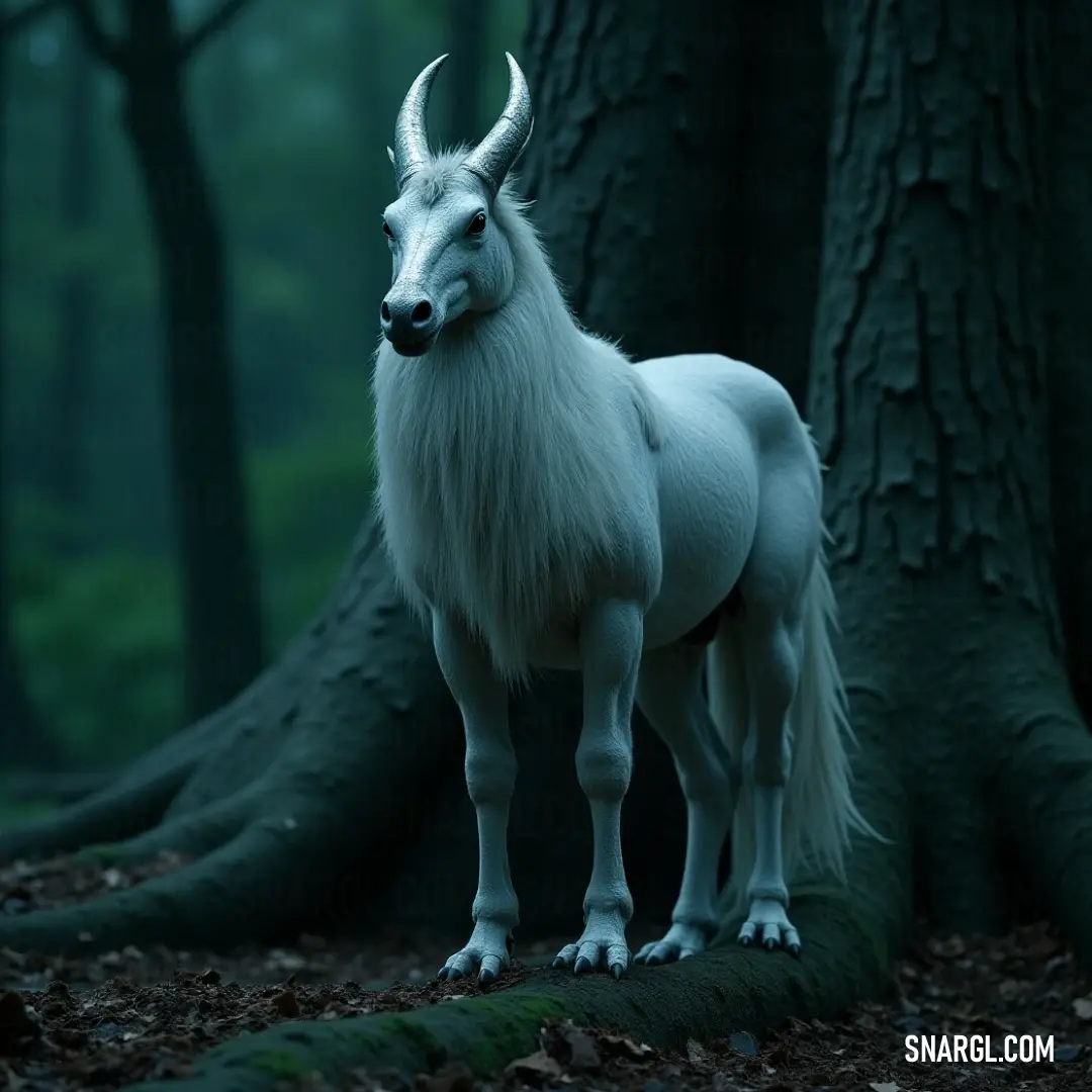 A pristine white goat stands gracefully before a tree in a lush forest, surrounded by a carpet of fallen leaves. The gentle light filters through the foliage, creating a serene and enchanting woodland atmosphere.