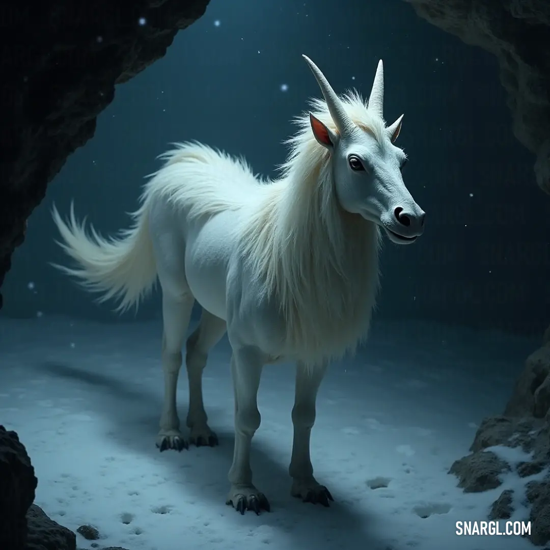 A stunning white unicorn rests peacefully within a dimly lit cave, snow covering the ground around it. Stars twinkle overhead, creating a surreal and magical atmosphere that evokes dreams and wonder.