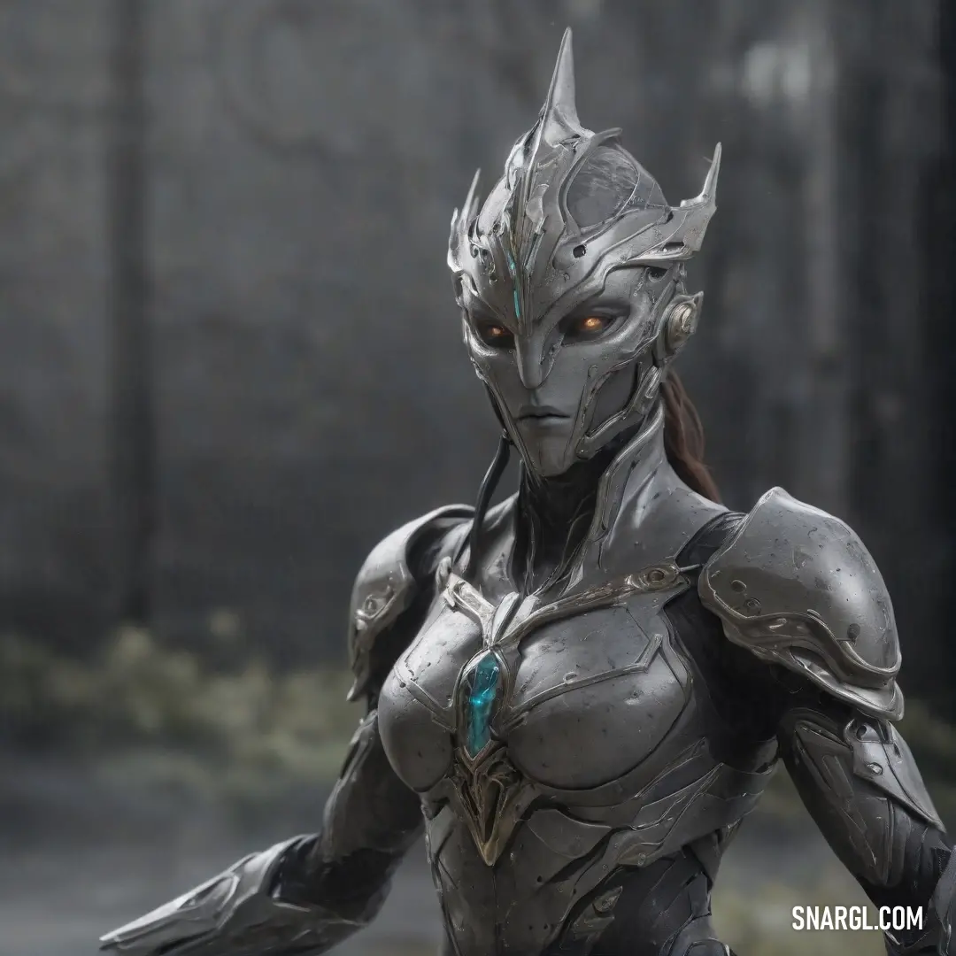 A woman in a silver suit with horns stands confidently, holding a sword in her hand. The gleaming metallic suit catches the light, contrasting against the cool blue hues of the scene, creating an otherworldly yet powerful figure.