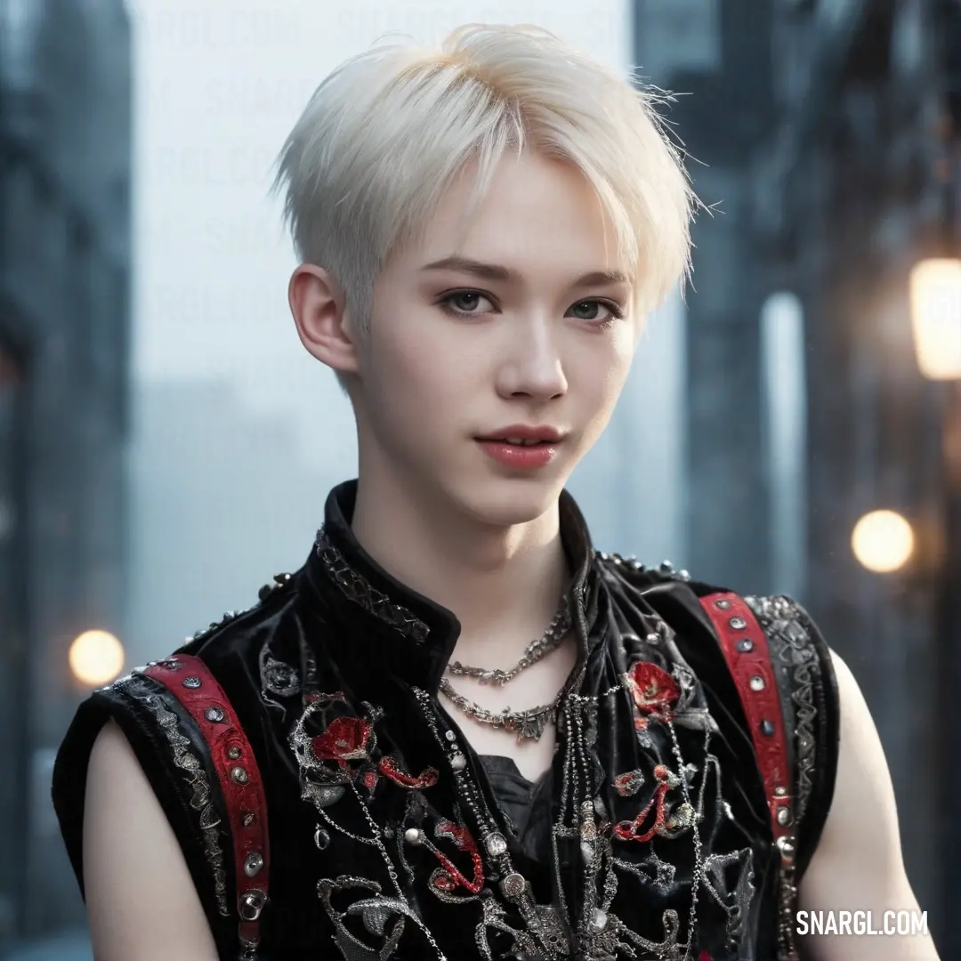 A striking portrait capturing a confident woman with a stylish blonde haircut, dressed in a bold black top adorned with red flowers, radiating both elegance and strength against a minimal backdrop that emphasizes her unique style.