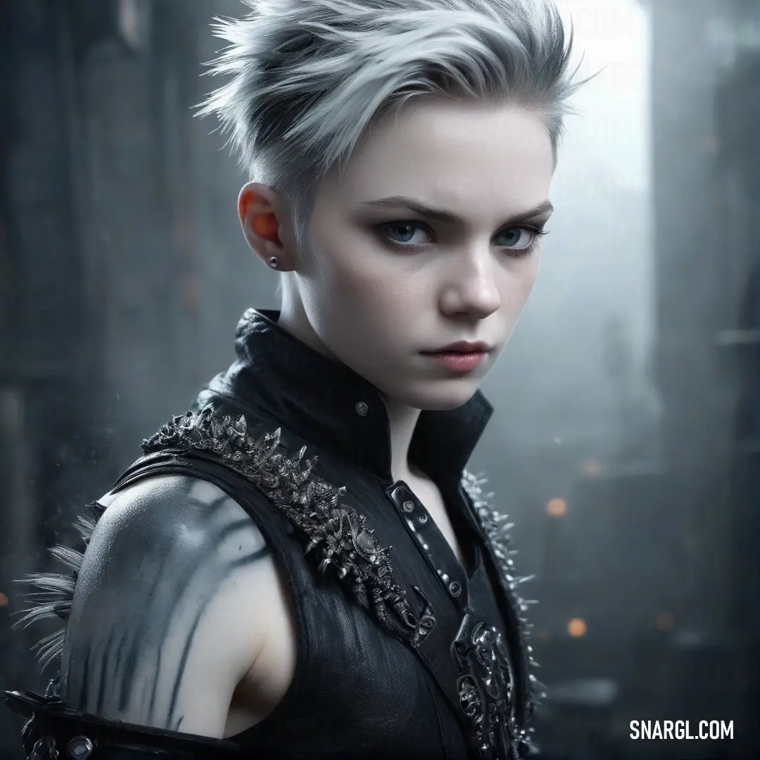 An intense image of a woman with a bold spiked mohawk, dressed in a sleek black top, gazing directly at the viewer with an intense expression, drawing you into her world and captivating your attention.