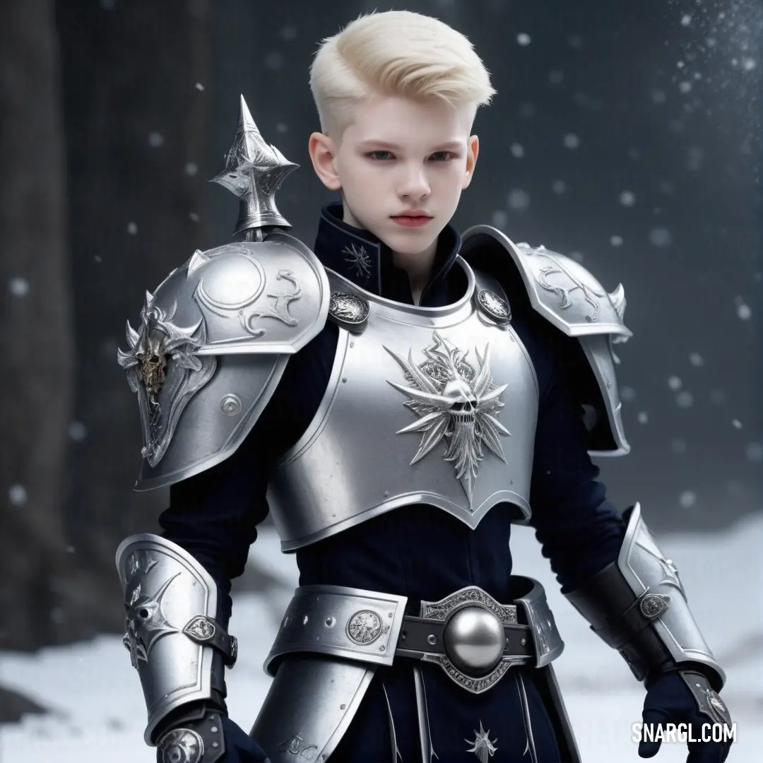 A dramatic depiction of a young man clad in a knight's costume, standing valiantly in a snowy landscape, equipped with a sword and shield, embodying heroism and adventure against a backdrop of pristine white snow.