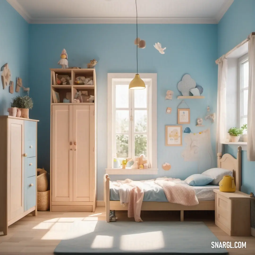 Bedroom with a bed, dresser and a window in it's corner with a blue wall. Example of #BCD4E6 color.