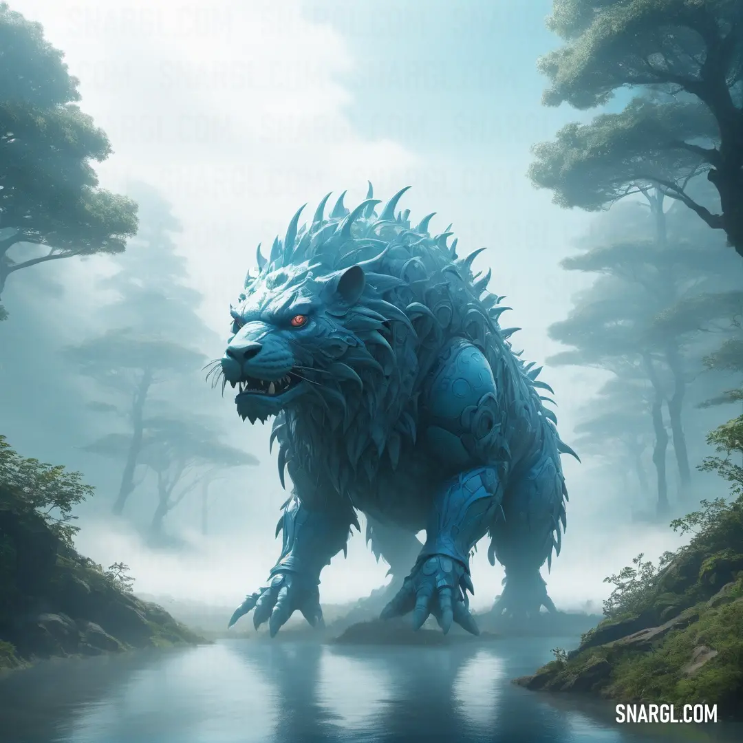 A giant blue creature, with massive claws, stands in the midst of a lush forest. Nearby, a tranquil body of water mirrors the vibrant greenery and the sky, creating an atmosphere of wild beauty and peaceful coexistence.