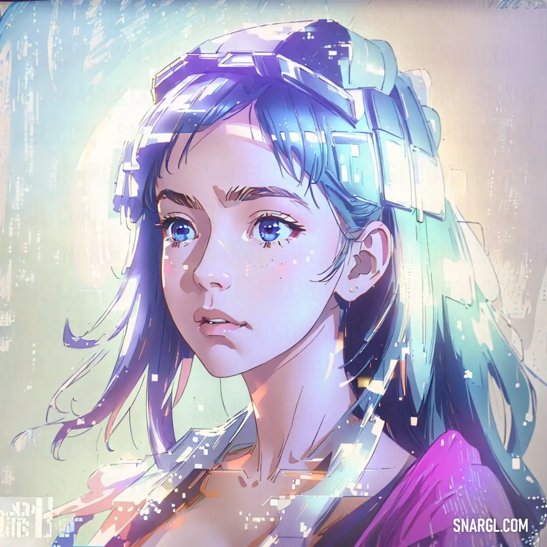 Girl with blue hair and a futuristic look is staring at something in the distance. Example of #BCD4E6 color.
