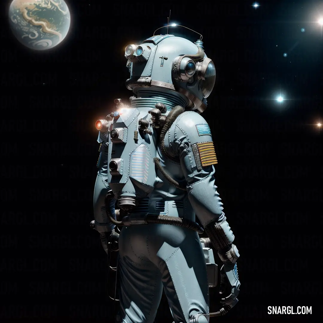 Man in a space suit standing in front of a planet with a moon in the background and a star in the sky