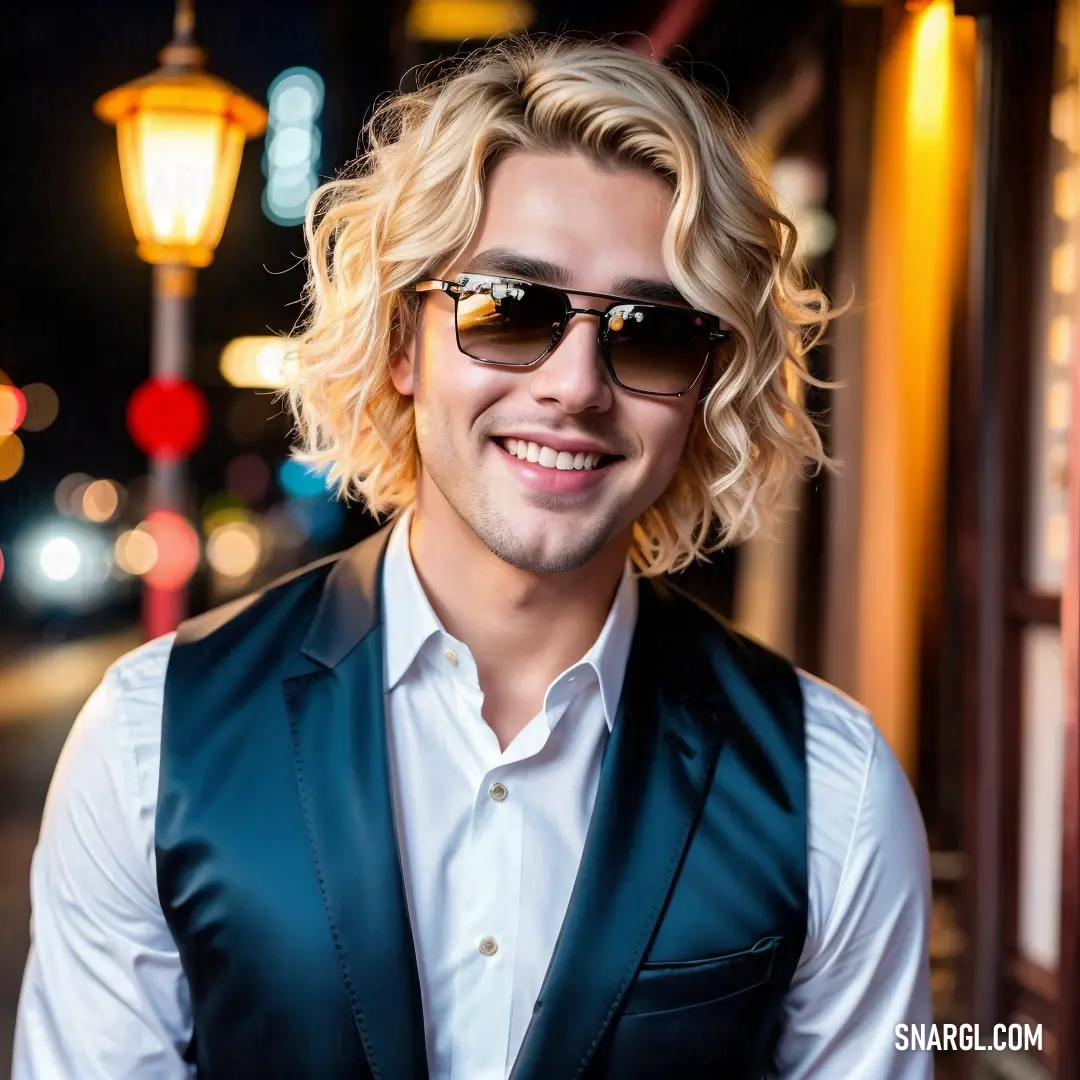 Man with a suit and sunglasses on a street at night time