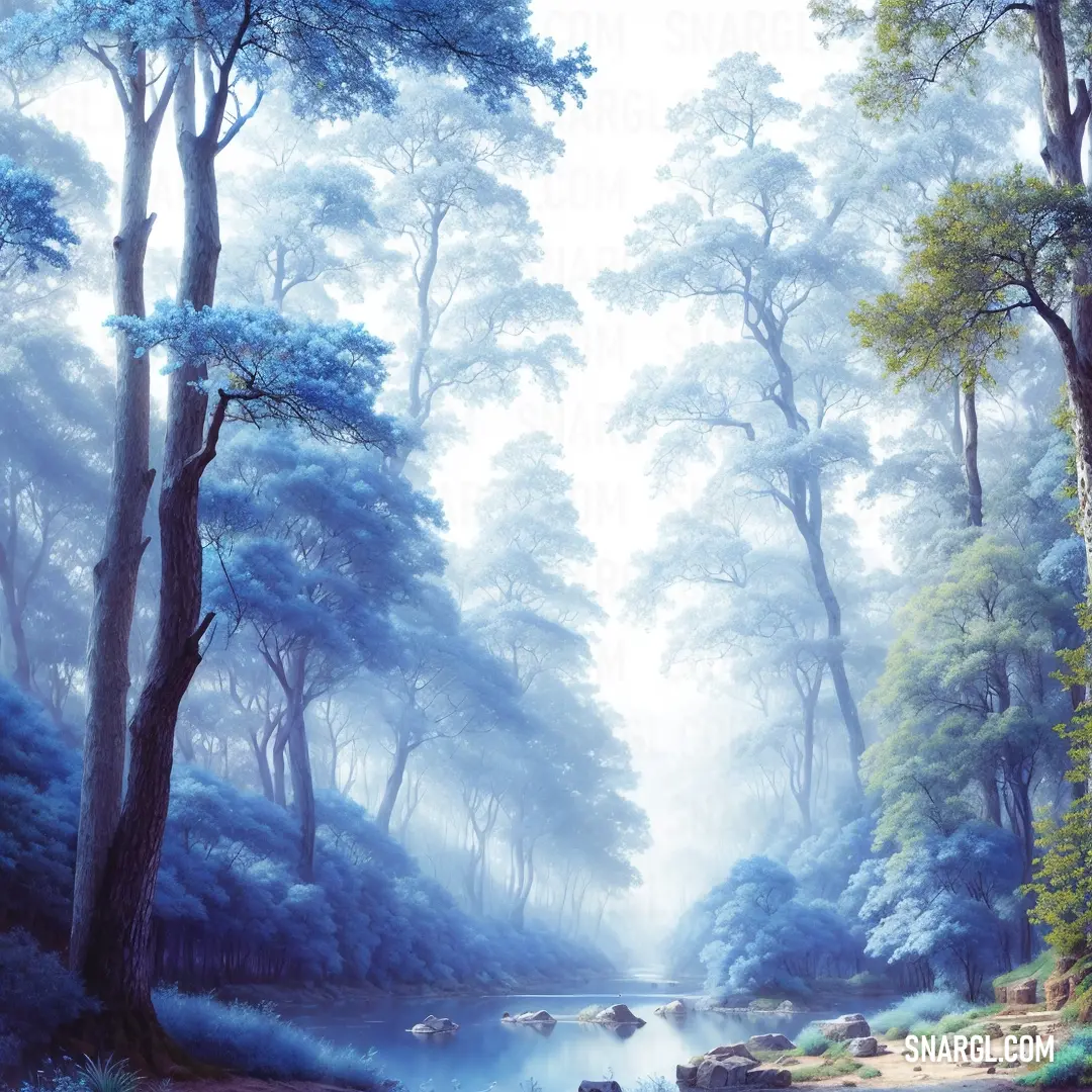 Painting of a river in a forest with trees and rocks in the water and fog in the air