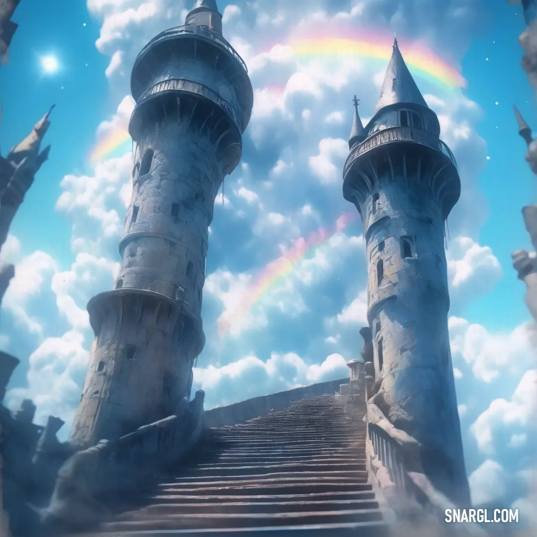 Rainbow is seen in the sky over a castle like structure with stairs leading up to it. Example of CMYK 18,8,0,10 color.