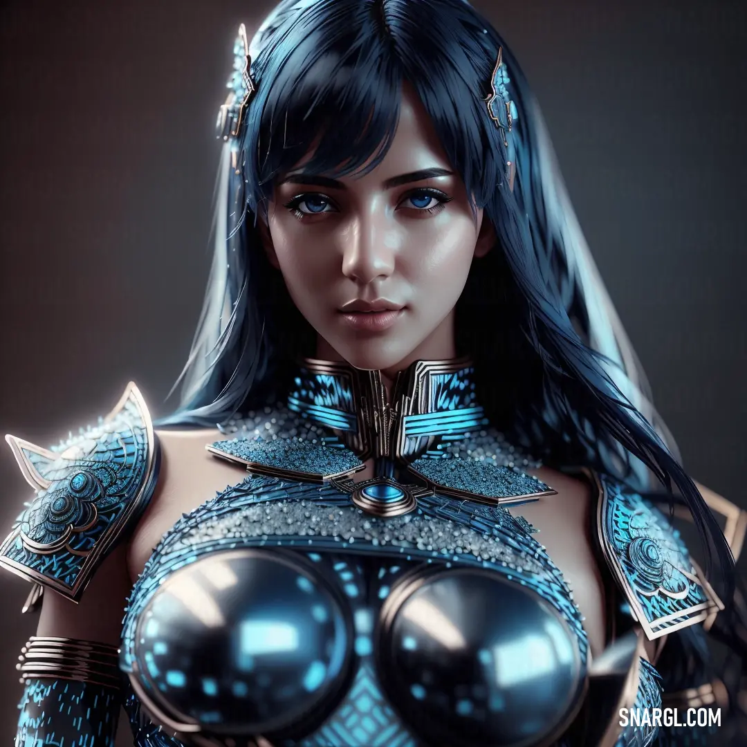 Woman in a futuristic outfit with a sword and armor on her chest