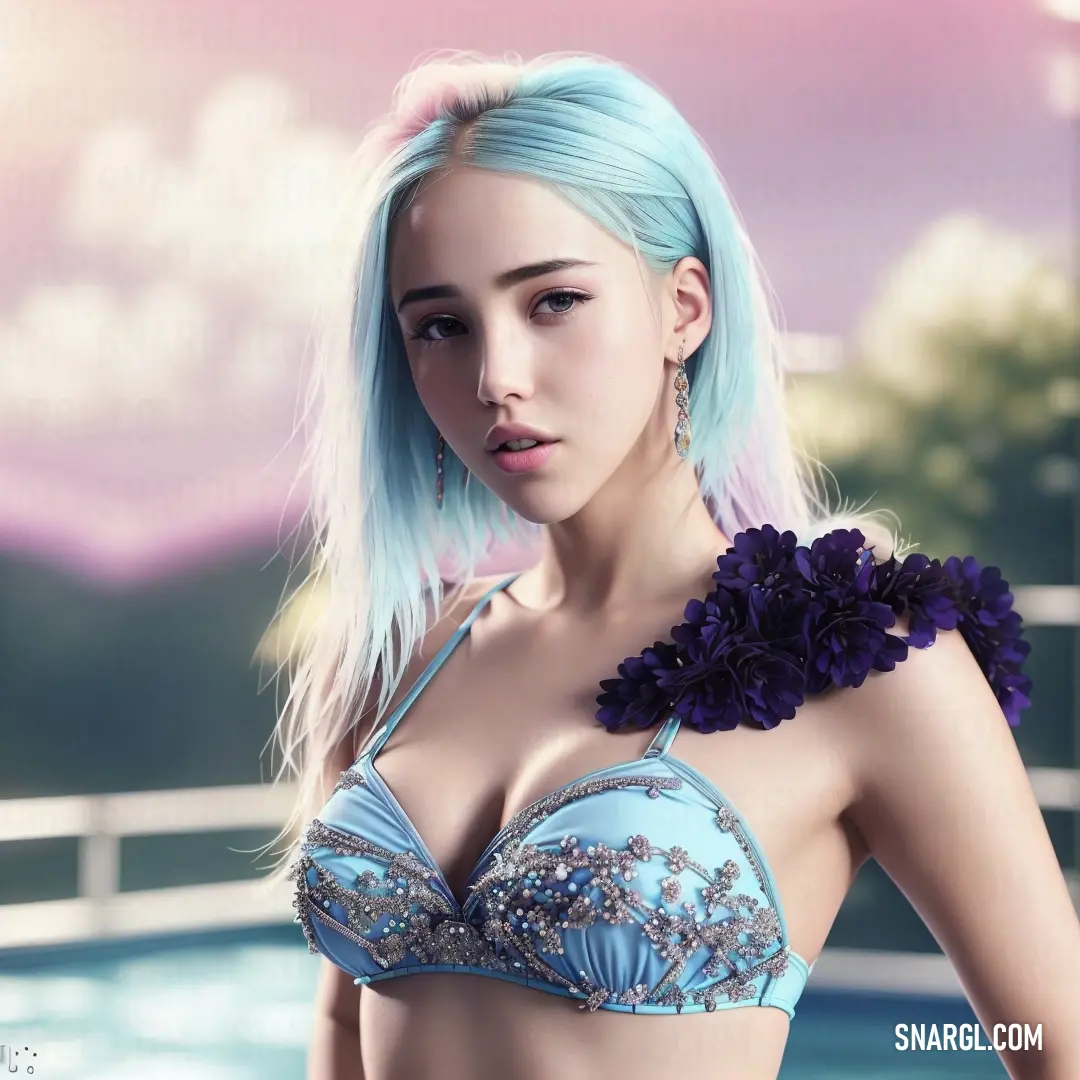 Woman with blue hair wearing a blue bikini top and flower necklaces in front of a pool with a pink sky