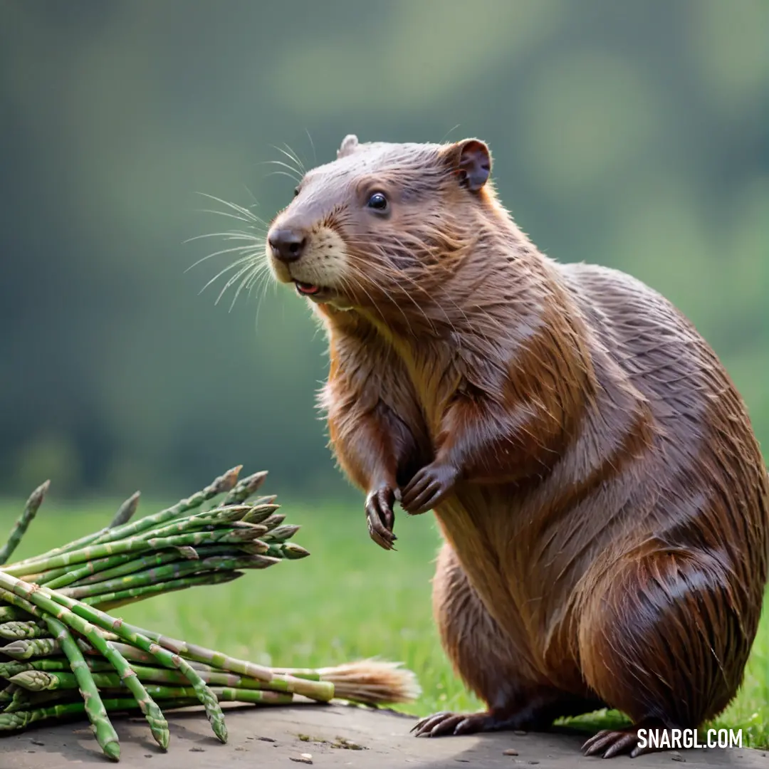 Beaver standing on its hind legs next to a pile of asparagus and a pile of asparagus stalks