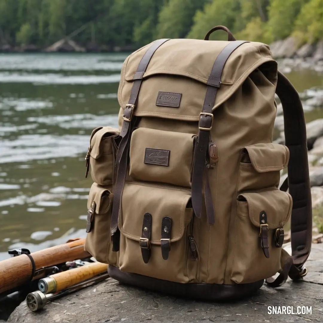 Nestled against a backdrop of flowing water, this backpack rests on a rock alongside a fishing rod, embodying the spirit of adventure. Its color, a mix of CMYK tones, adds depth to the scenic view of nature's tranquility.