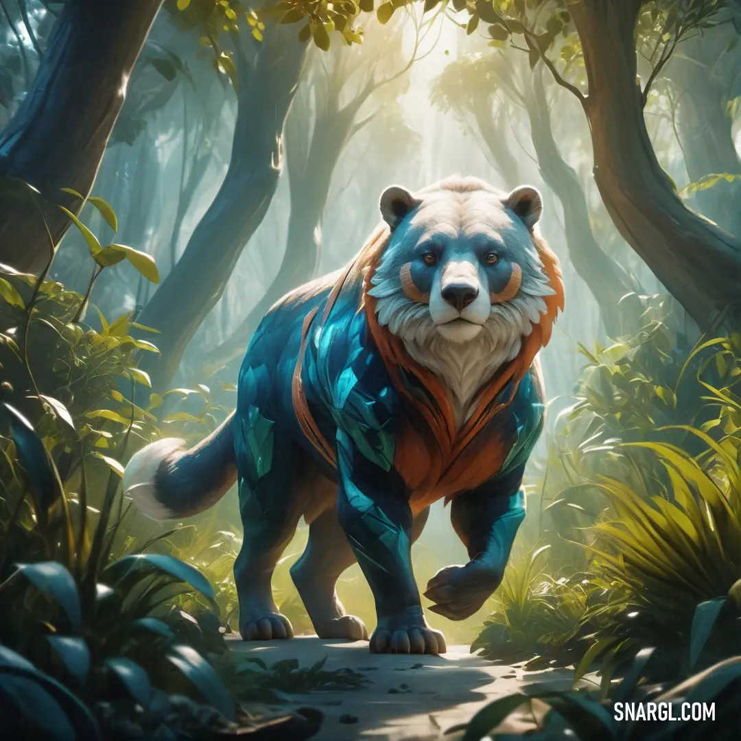 A curious bear stands in a lush forest, surrounded by towering trees and thick underbrush. A vibrant blue jacket rests on its back, adding an unexpected touch of color to the wild landscape.