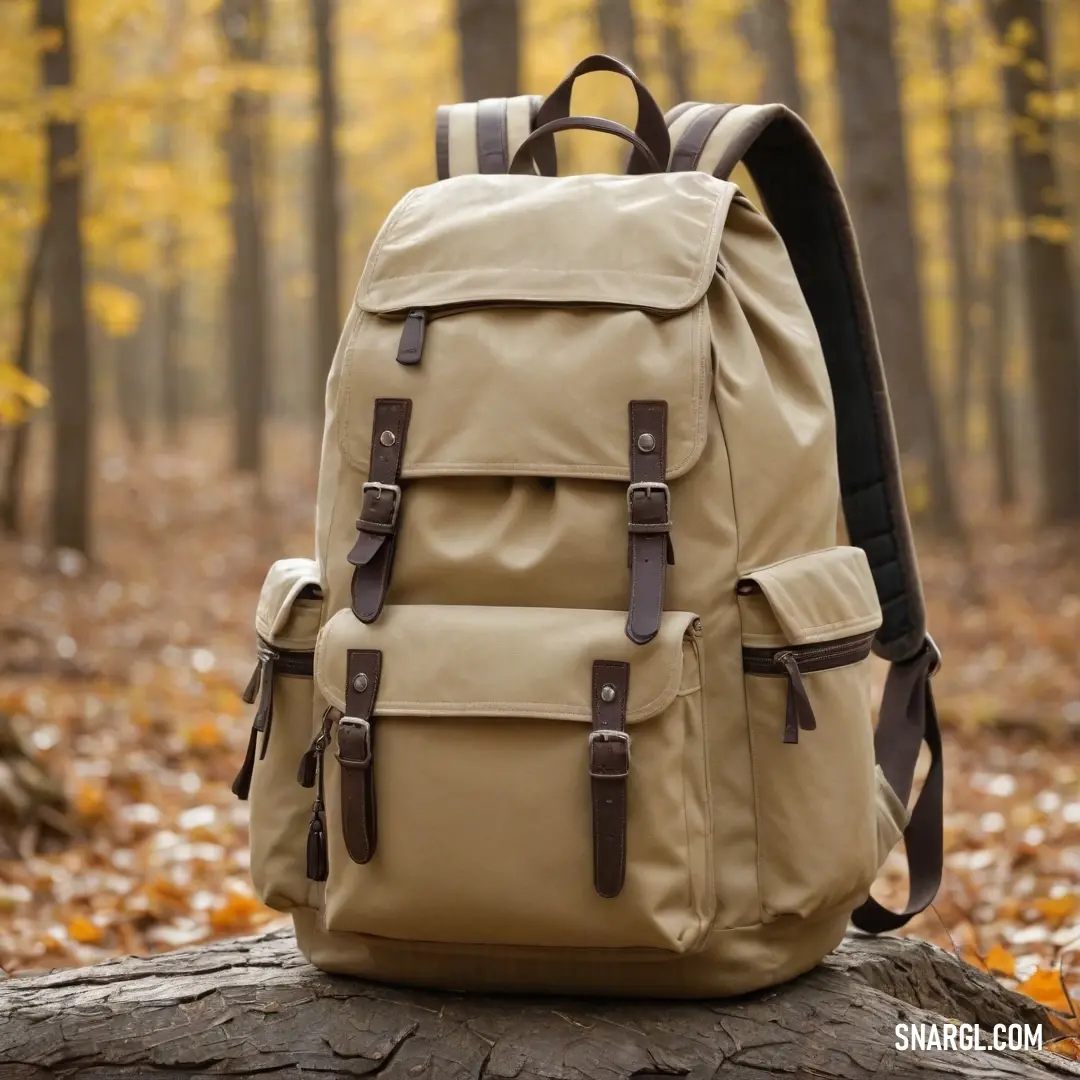 This inviting backpack sits comfortably on a log blanketed by leaves, framed by the sturdy trunk of a tree. The RGB color adds a soft, earthy vibe to this harmonious forest setting perfect for woodland explorations.