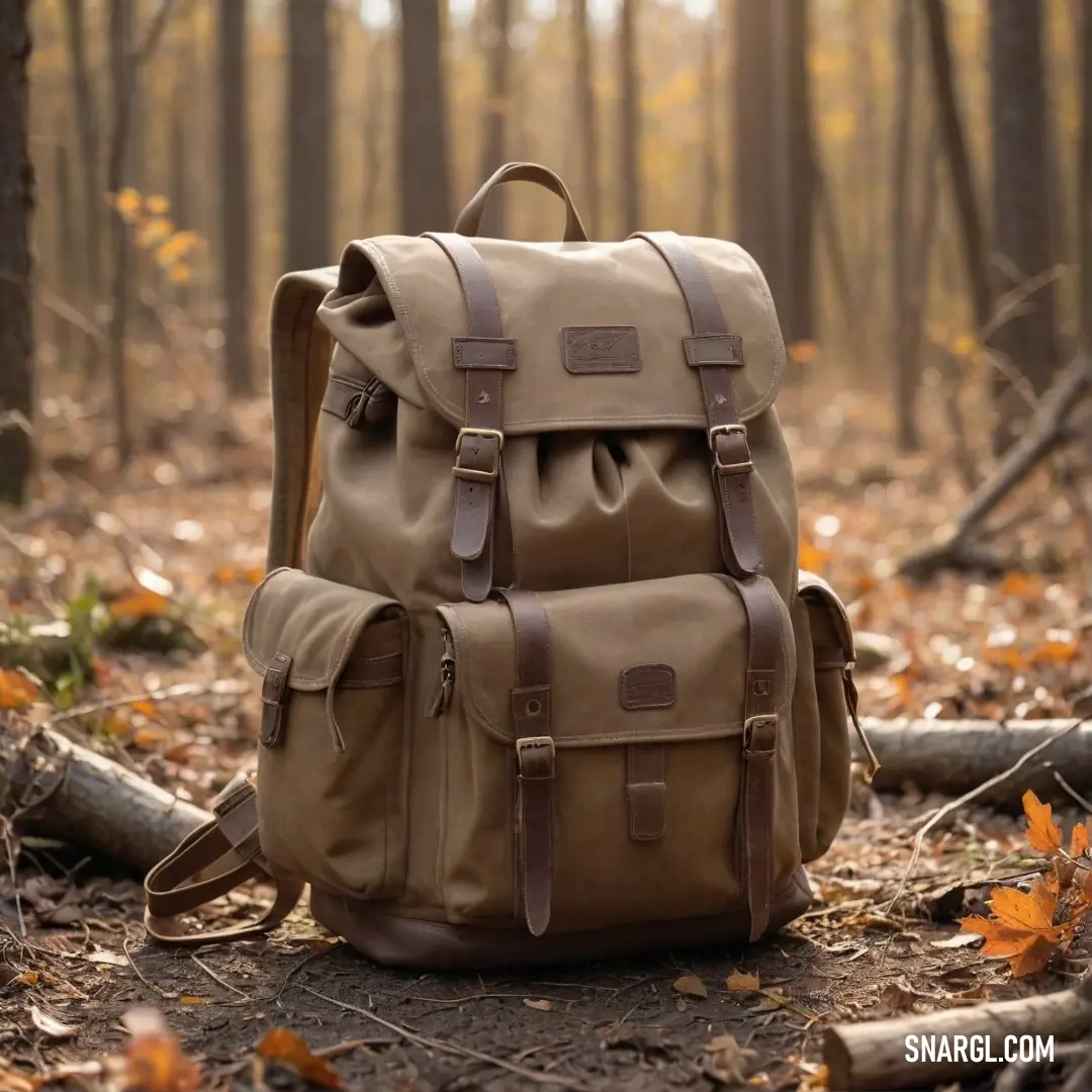 In a tranquil forest, a backpack rests gently on the ground, encircled by vibrant leaves and a majestic tree. The richness of beaver colors brings warmth to this serene scene steeped in natural beauty.