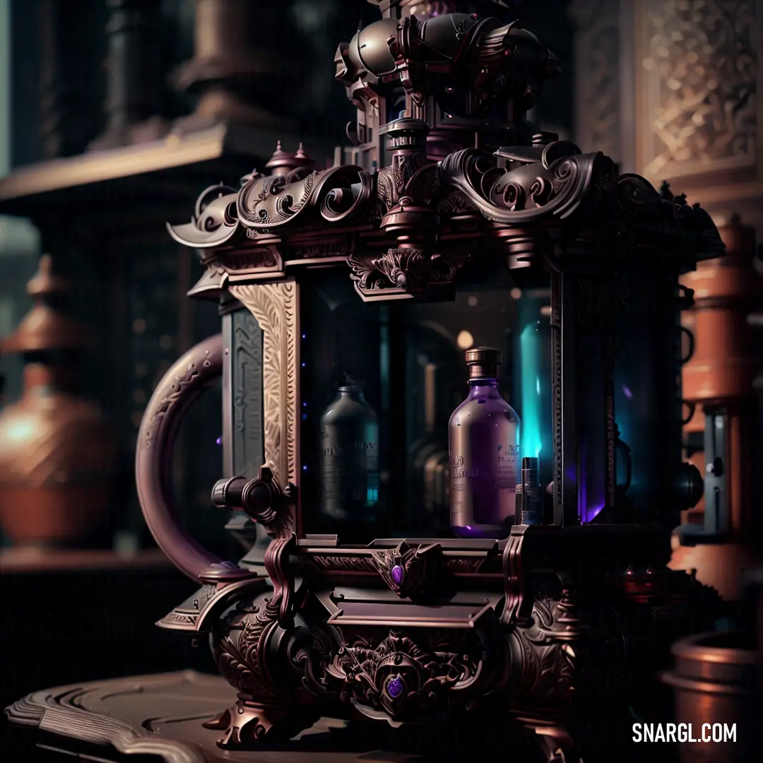 A unique clock sits on a table, casting a purple glow amidst surrounding objects. Bottles line a nearby shelf, creating an atmosphere of mystery and timelessness in a modern setting.