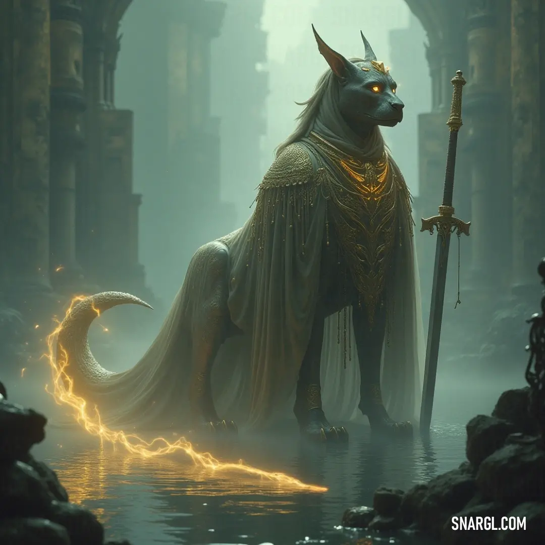 A heroic dog clad in a majestic cloak and wielding a sword stands valiantly on the edge of a foggy body of water, framed by an ancient stone archway. The ethereal atmosphere and noble pose evoke a sense of courage and adventure.