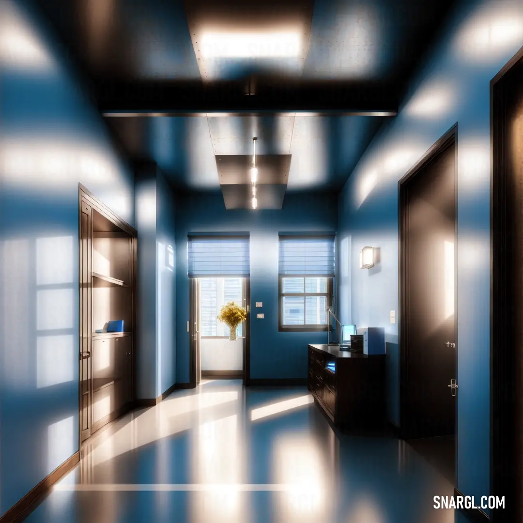 A hallway with a calming blue wall and a potted plant resting on a vase, leading to the bathroom. The soft, warm tones of the room create a peaceful ambiance, inviting anyone into a space of relaxation and serenity.