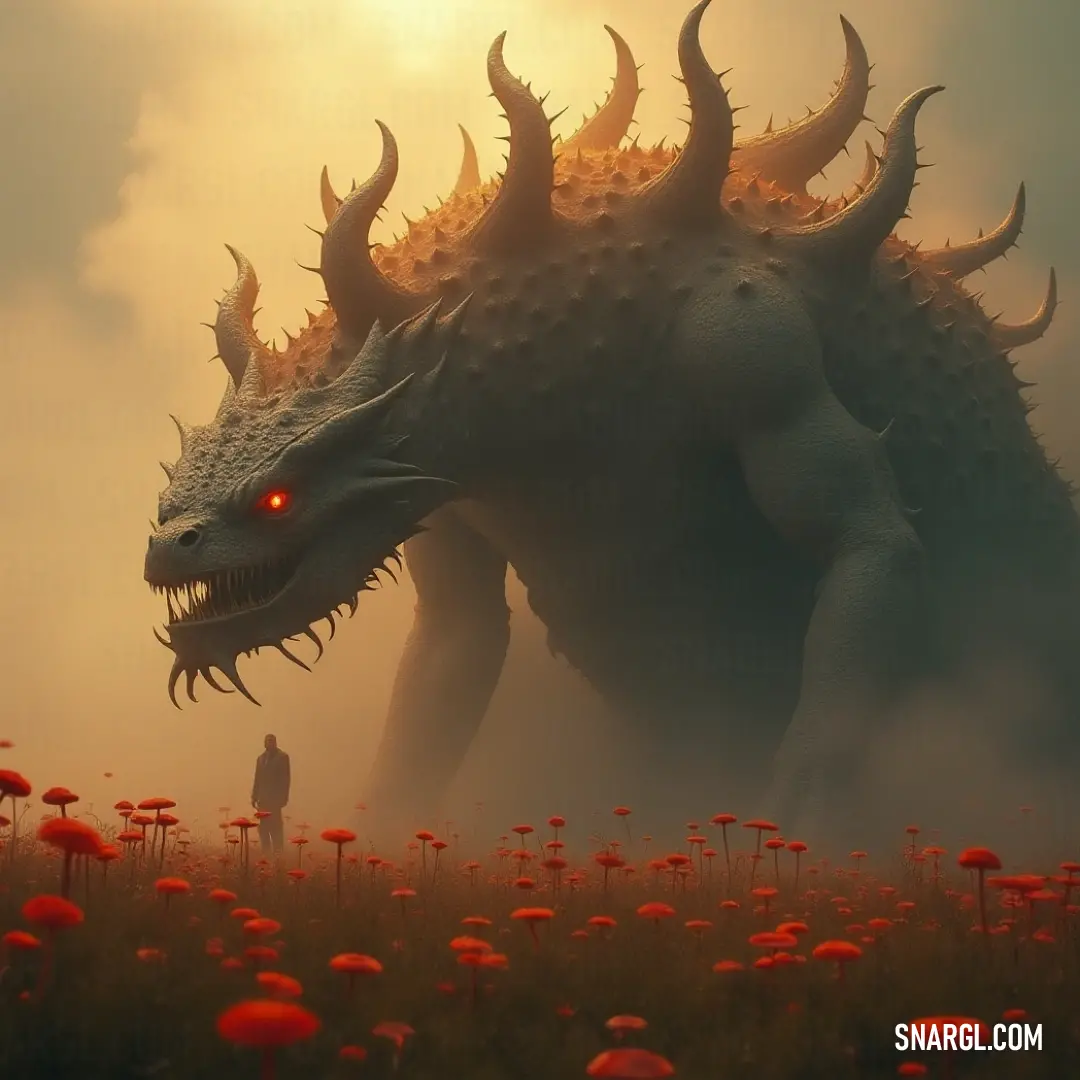 A magnificent dragon with piercing red eyes stands regally in a field of vibrant flowers, creating a striking contrast with a man in the background. The scene speaks to the beauty and power of nature intertwining seamlessly.