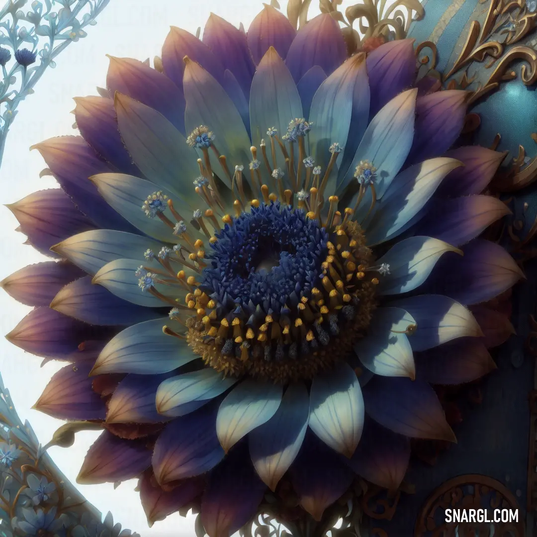 A large, vibrant flower with a deep blue center, elegantly surrounded by delicate filigree patterns. The warm, earthy tones of the petals contrast beautifully with the intricate design, evoking a sense of nature's beauty in an artistic form.