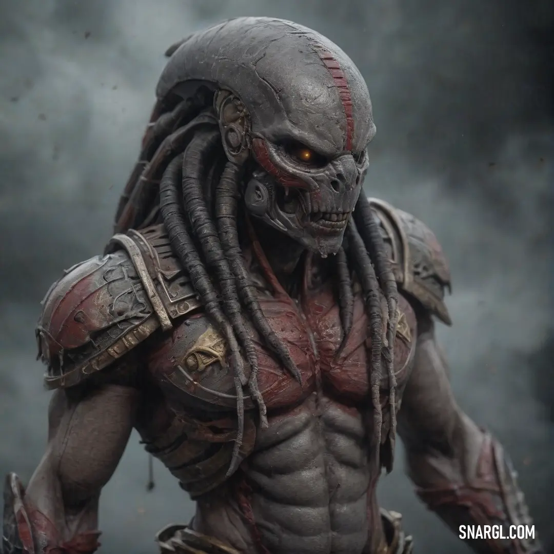 The Predator, with dreadlocks and a helmet, stands against a dark backdrop. His menacing silhouette, contrasted against the shadows, conveys strength and mystery, creating a sense of suspense and awe.