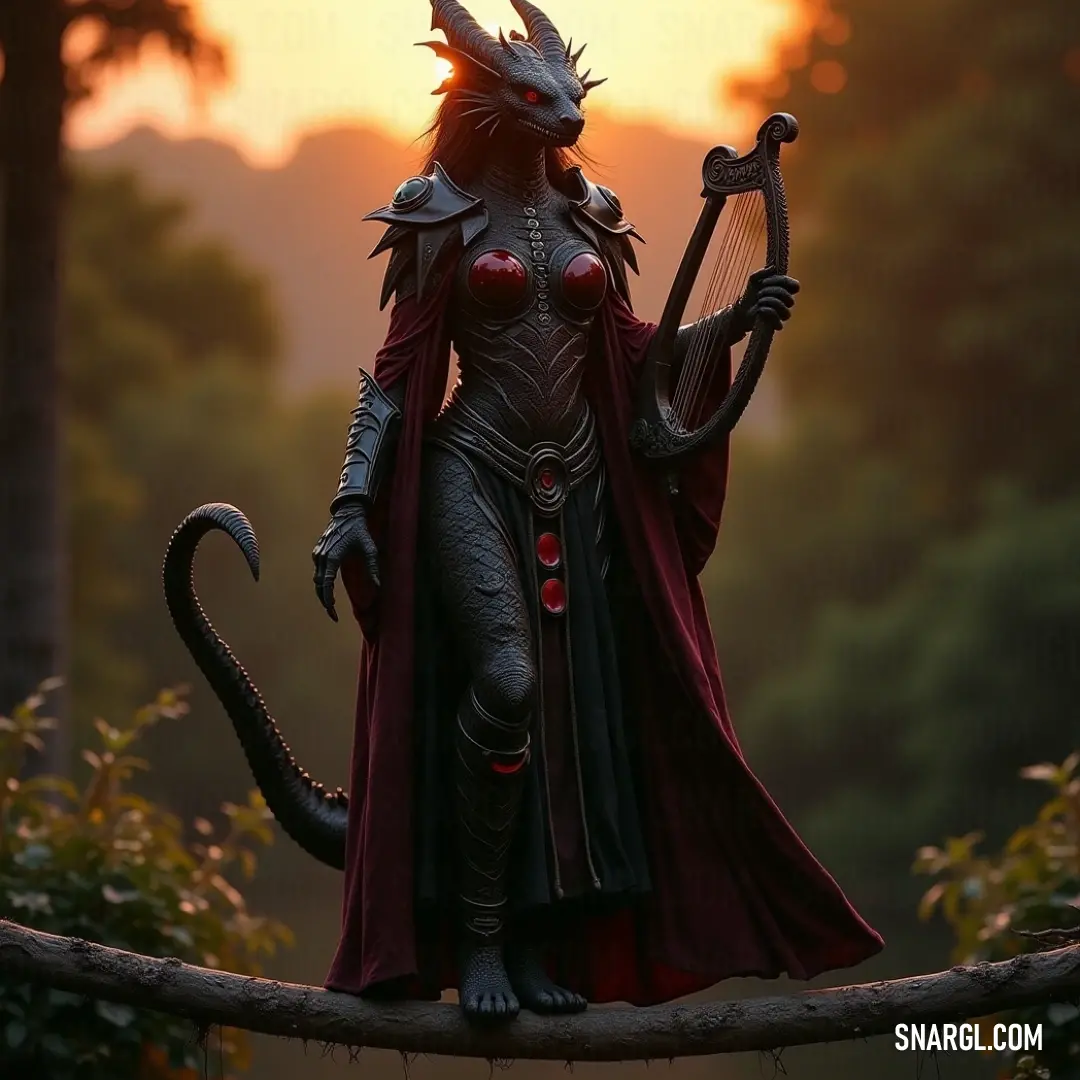 Majestic demon statue, holding a harp, stands amidst the tranquil allure of a forest during sunset. The soft hues of the setting sun create an ethereal glow, blending mystery and serenity in the enchanting woods.