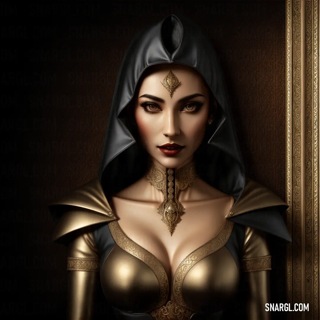 A woman wearing a golden dress, black hood, and a gleaming gold necklace stands tall. The rich, warm colors of her attire contrast beautifully with her surroundings, evoking elegance and mystery.