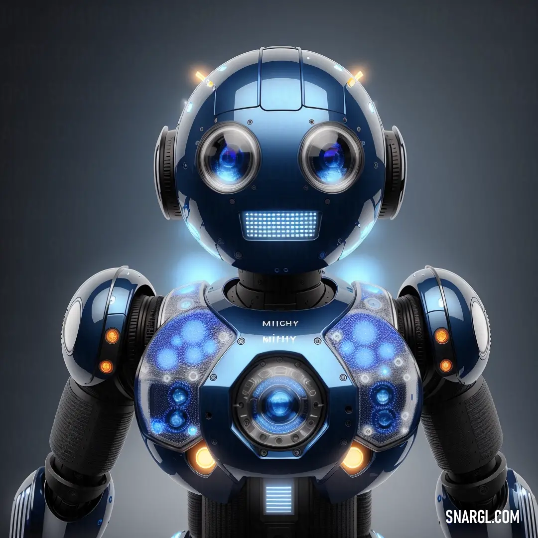 A sleek, futuristic blue robot with glowing eyes and headphones placed across its face, standing against a dark backdrop. The color of the robot is an elegant blend of muted greens and blues, giving it an otherworldly yet sophisticated look.