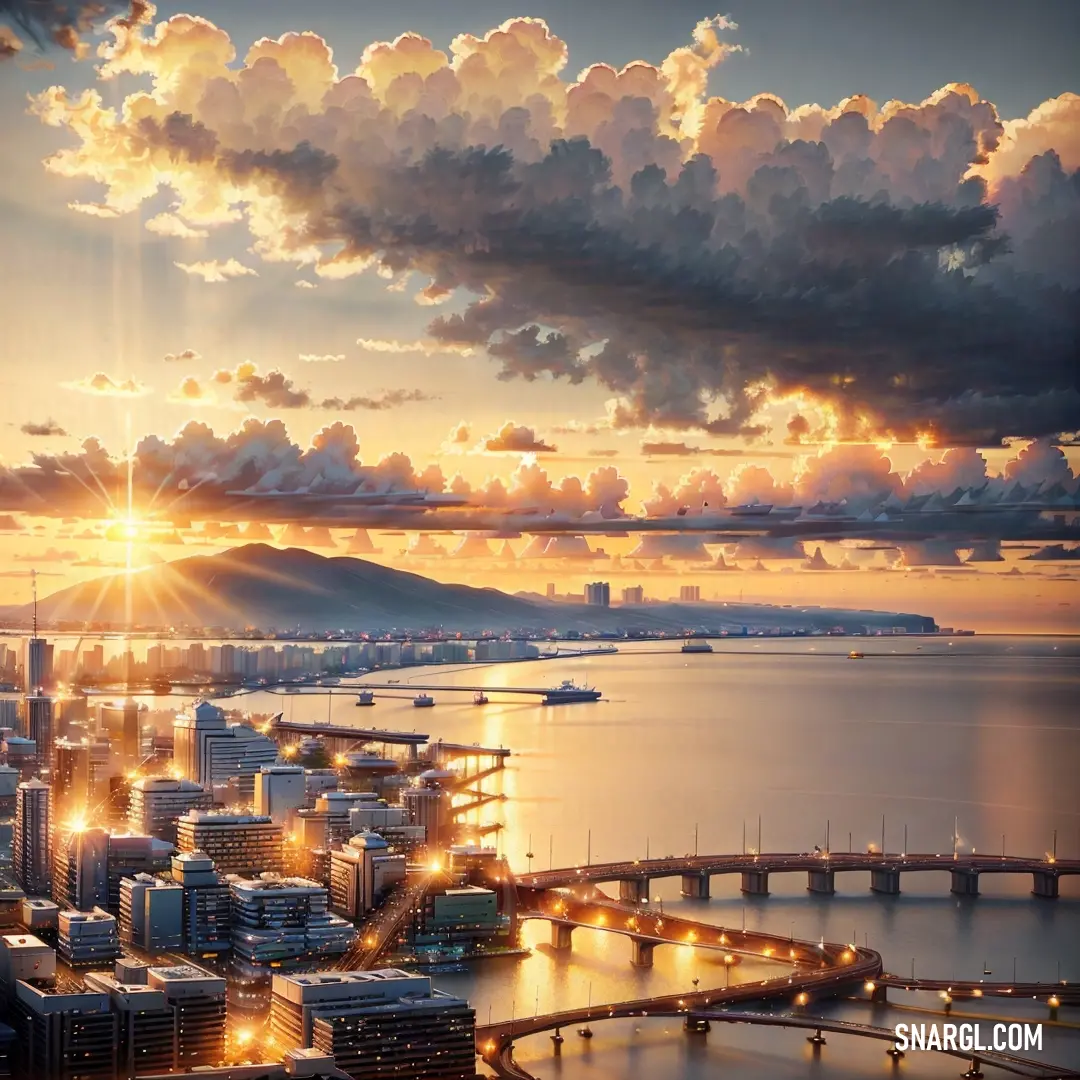 A stunning cityscape at sunset, with a bridge crossing a vast body of water, all beneath a dramatic sky filled with clouds in shades of gold and orange. The deep, earthy tones of the scene evoke a sense of peace at the day's close.