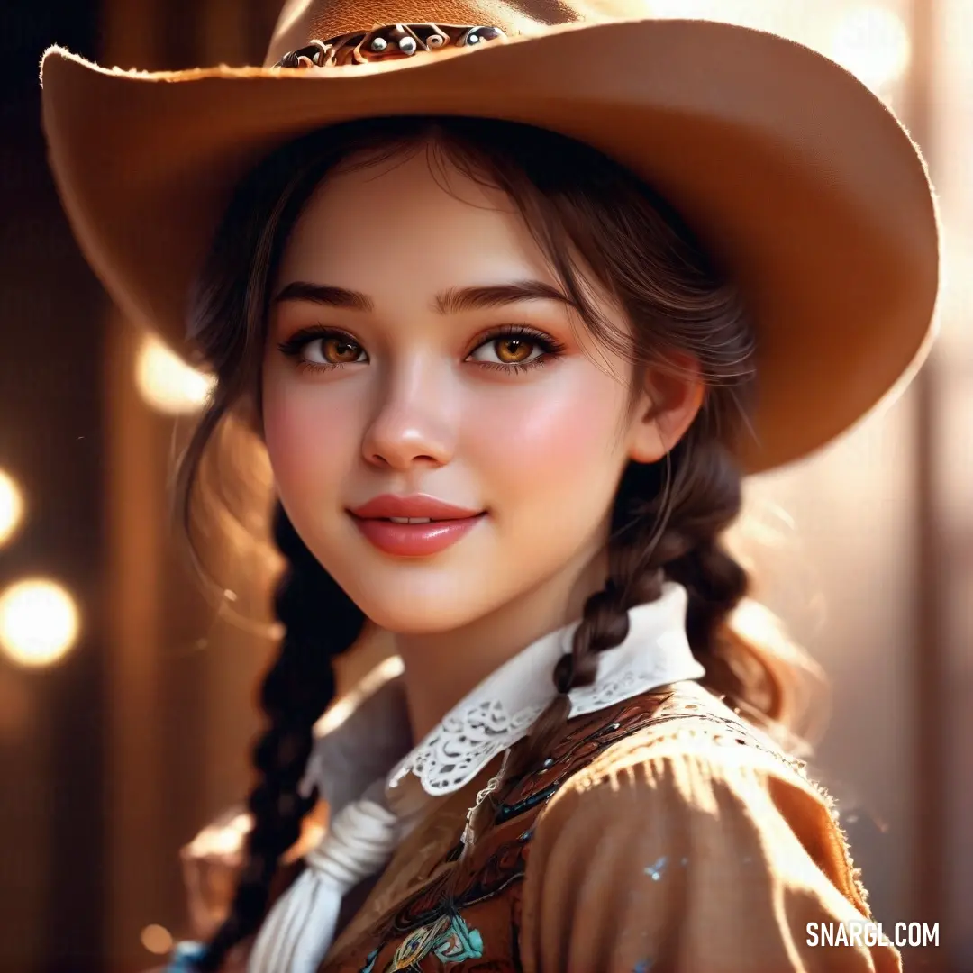 Girl with a braid wearing a cowboy hat and a brown dress and a white shirt. Color #9F8170.
