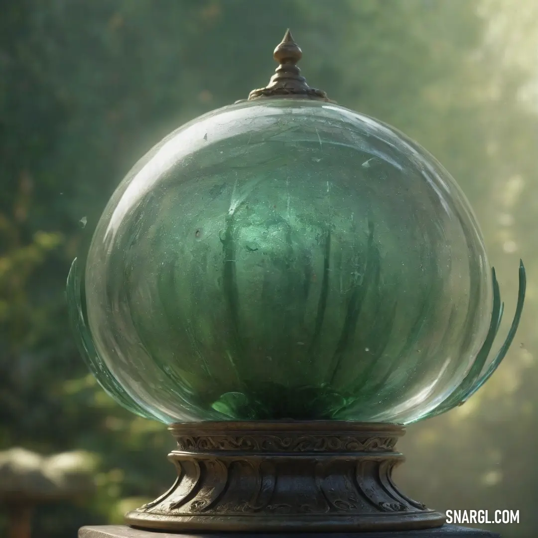 A glass sphere in a warm beaver-brown hue rests atop a sleek metal base on a table, with a backdrop of tall, dark trees stretching into the misty forest. The soft glow from the ball contrasts with the deep, mysterious woodland.