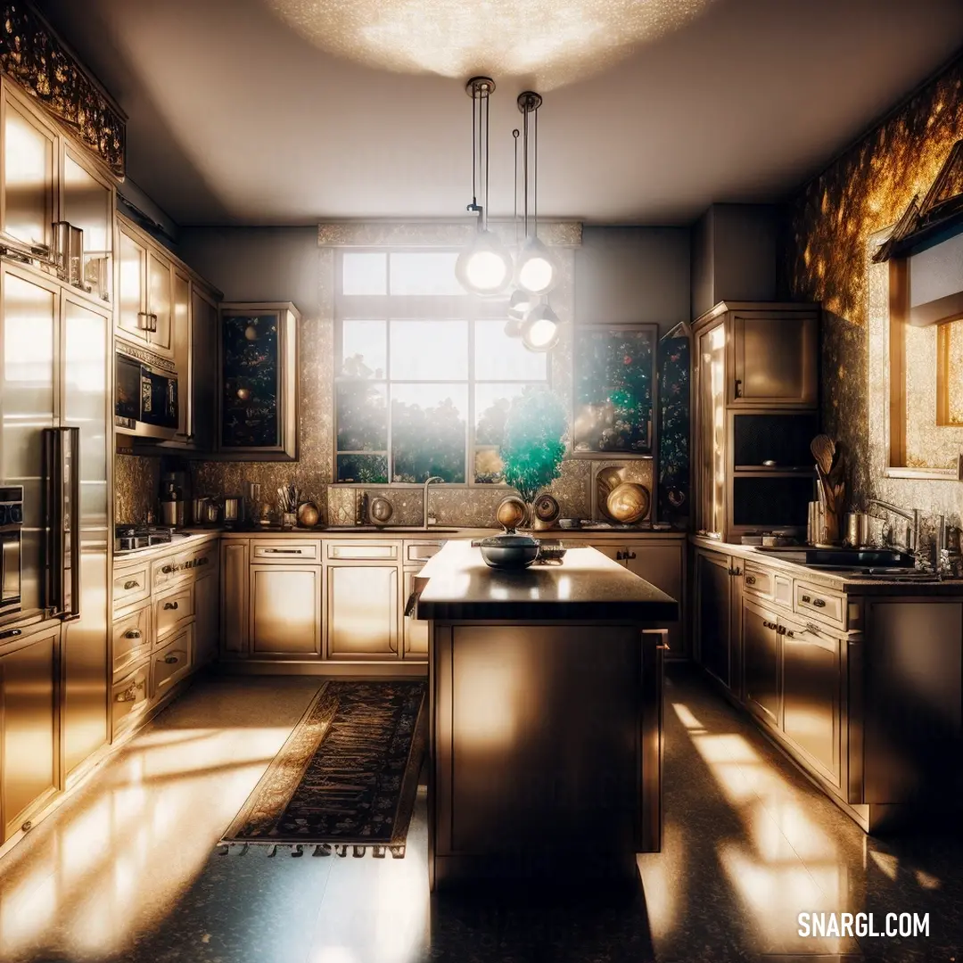 Kitchen with a large island and a window in the middle of it with a sun shining through the window